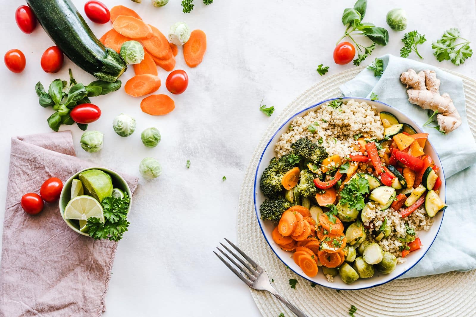 Simple whole foods laid out for meal preparation